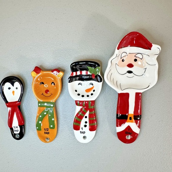 Christmas Measuring Spoons Santa Reindeer Snowman‎ Penguin Ceramic 4pc Set - Picture 1 of 4